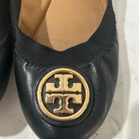 Tory Burch Black Leather Ballet Flats with Gold Logo Medallion - Picture 3 of 12